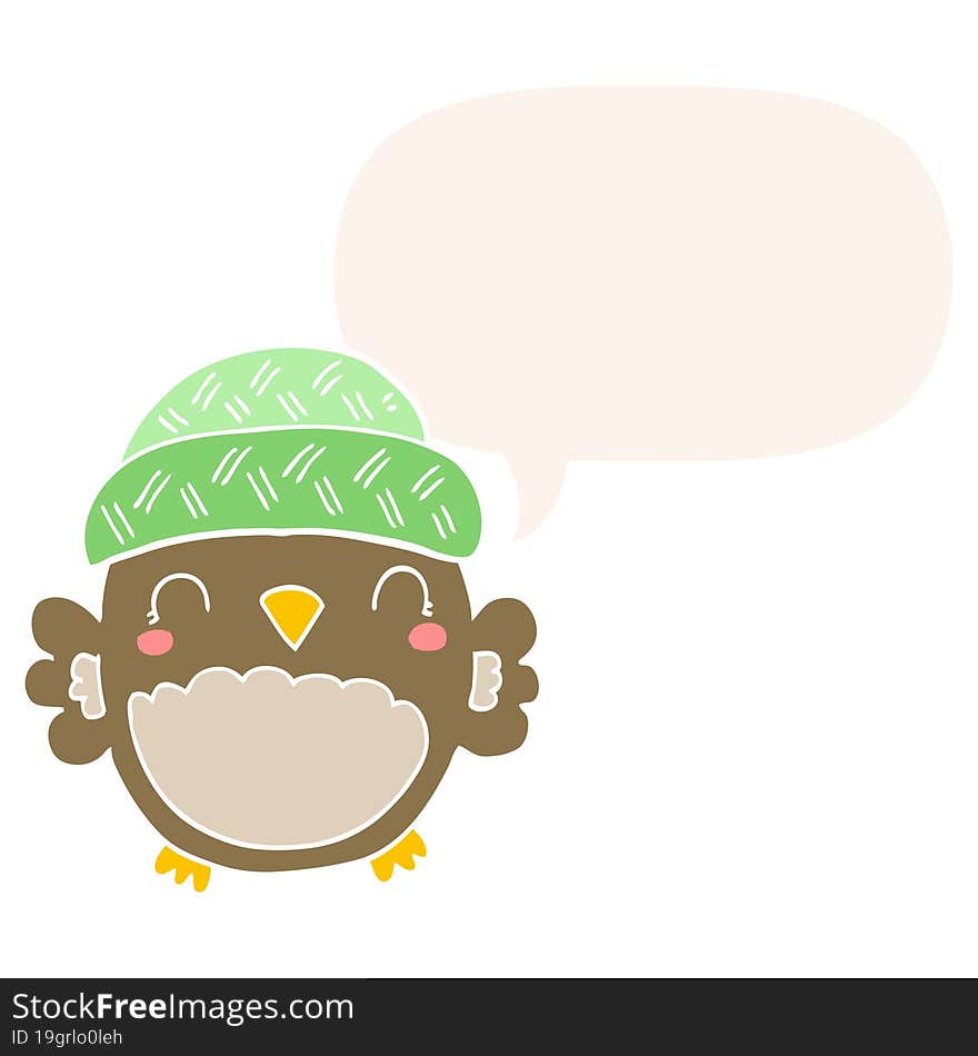 cute cartoon owl in hat and speech bubble in retro style