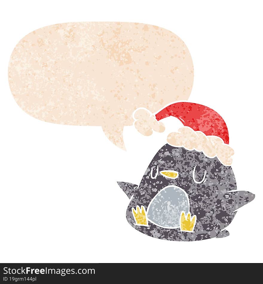 Cute Cartoon Penguin And Speech Bubble In Retro Textured Style