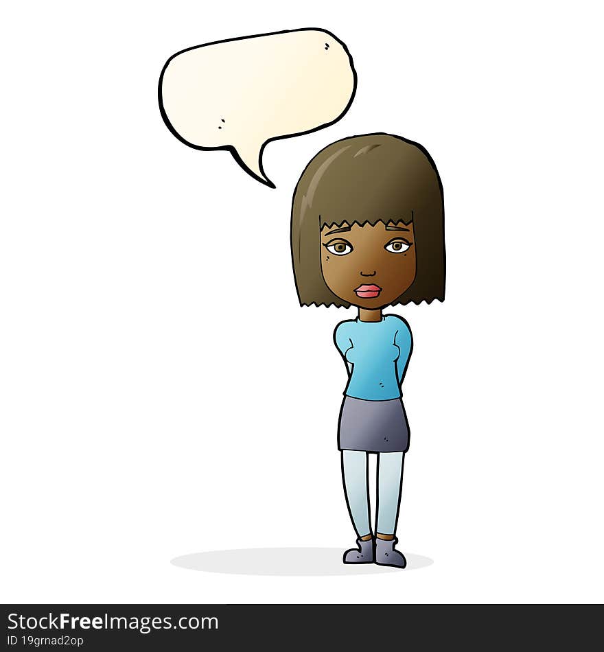 cartoon serious girl with speech bubble