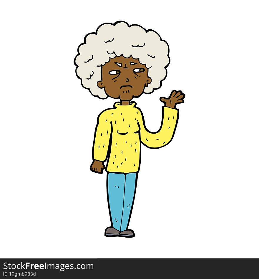 cartoon annoyed old woman waving