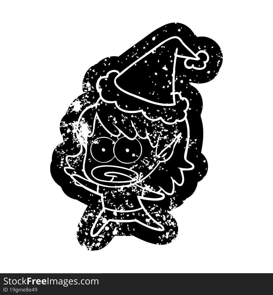 cartoon distressed icon of a shocked elf girl wearing santa hat