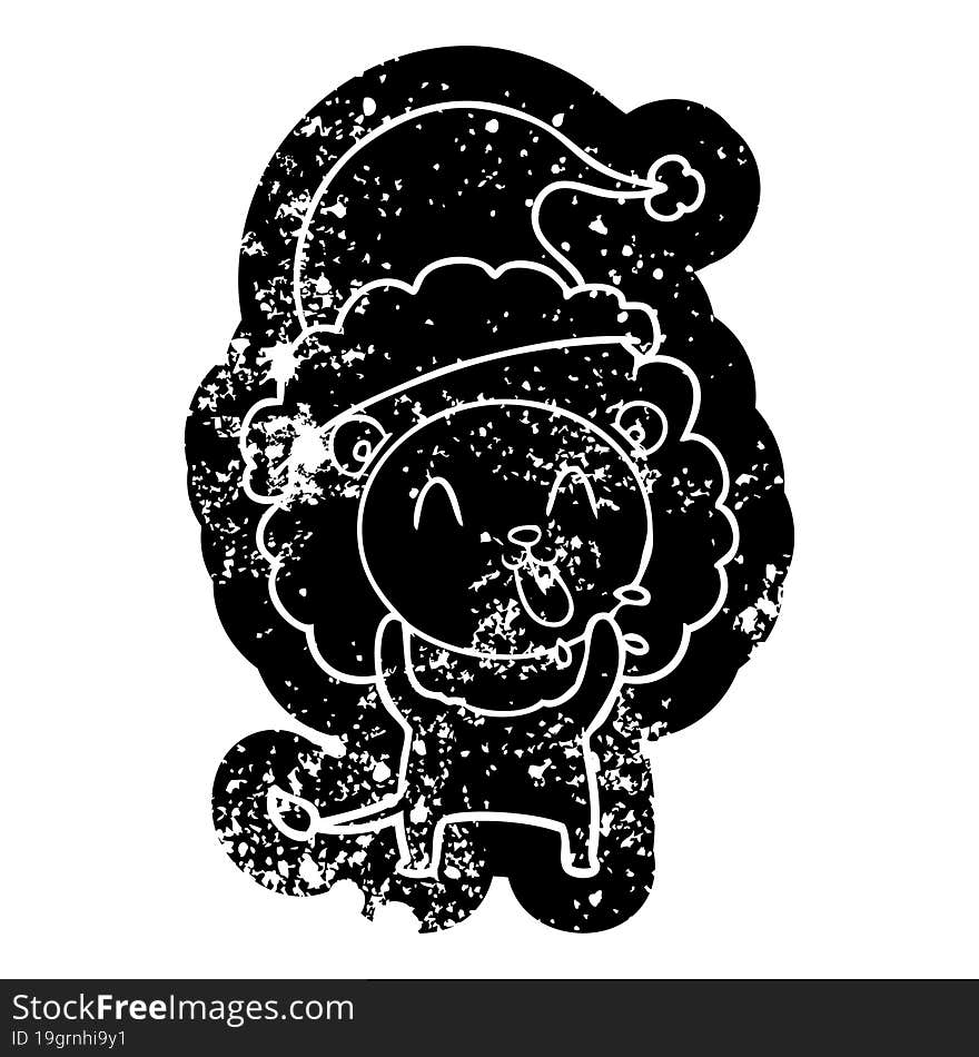 Happy Cartoon Distressed Icon Of A Lion Wearing Santa Hat