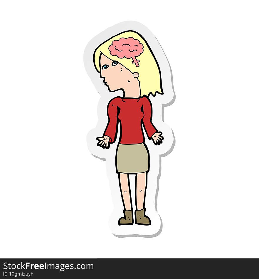 sticker of a cartoon clever woman shrugging shoulders