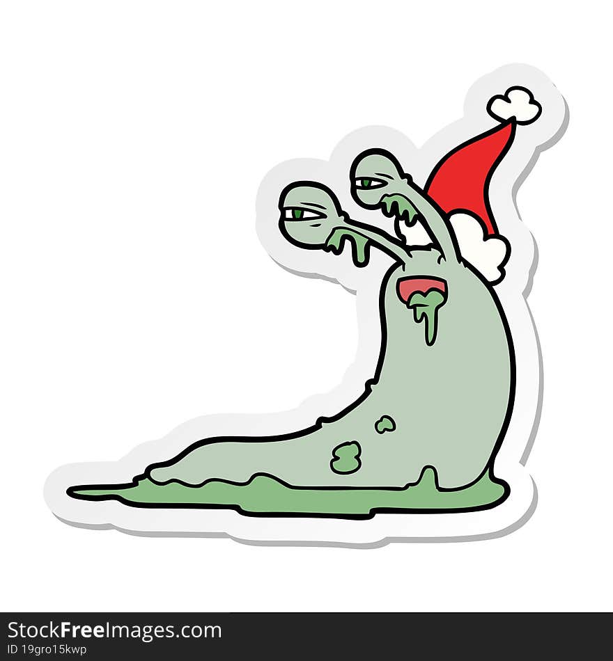 gross sticker cartoon of a slug wearing santa hat