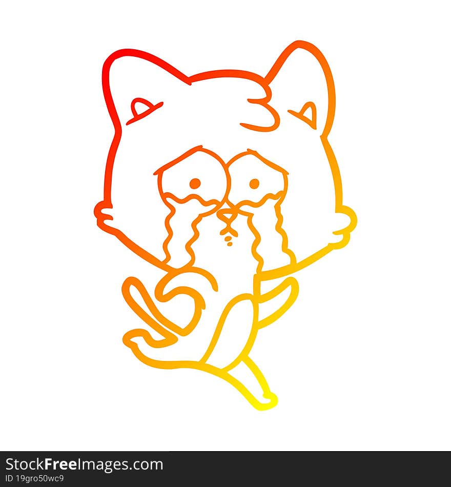 warm gradient line drawing of a cartoon crying cat