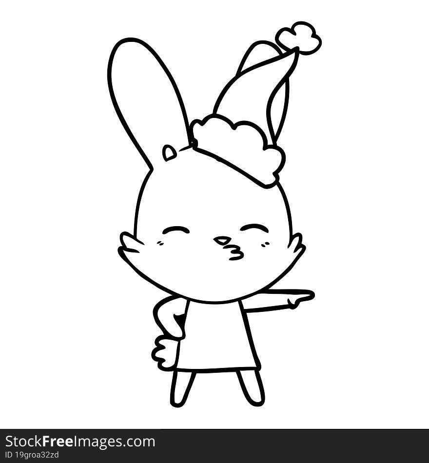 curious bunny line drawing of a wearing santa hat