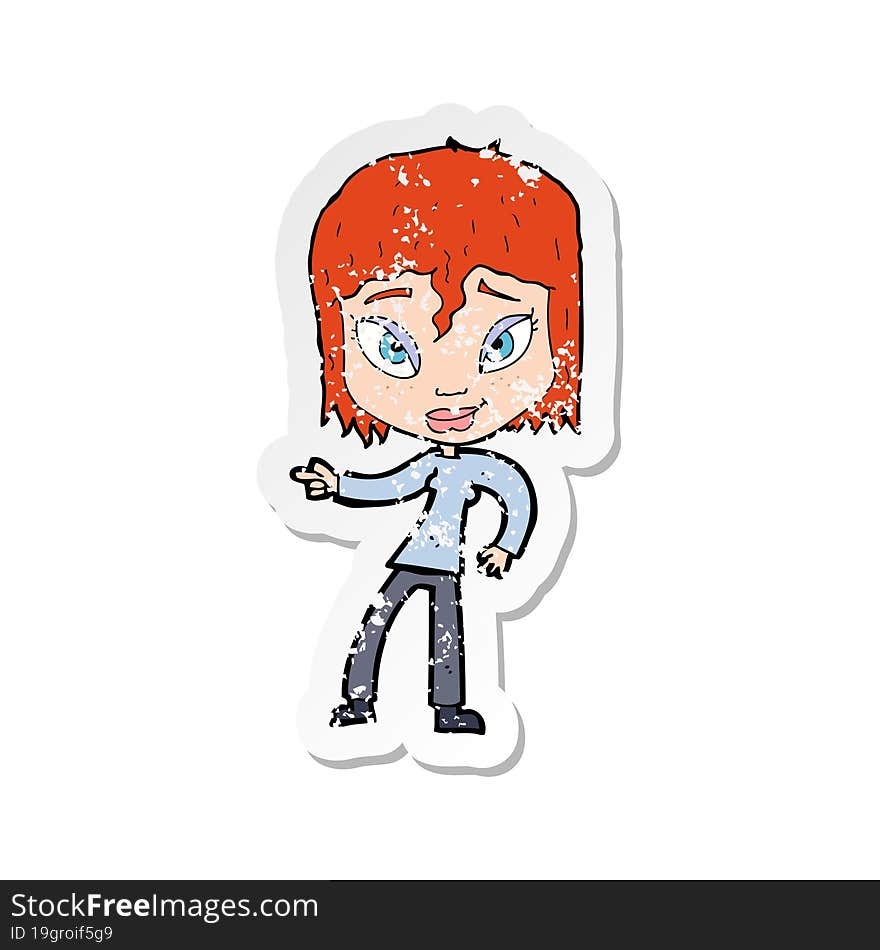 retro distressed sticker of a cartoon relaxed woman pointing