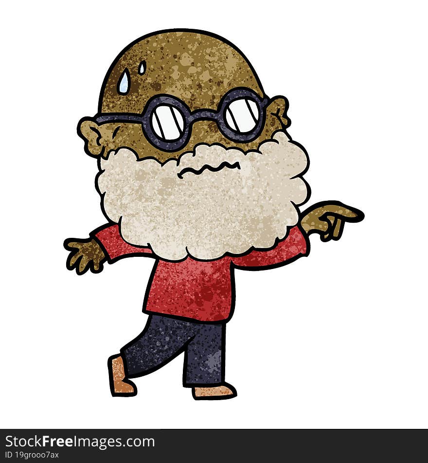 cartoon worried man with beard and spectacles pointing finger. cartoon worried man with beard and spectacles pointing finger