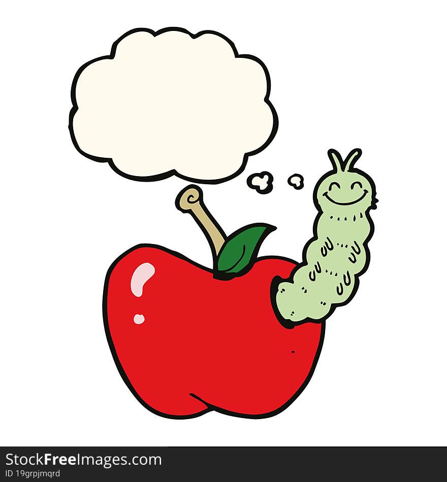 cartoon bug eating apple with thought bubble