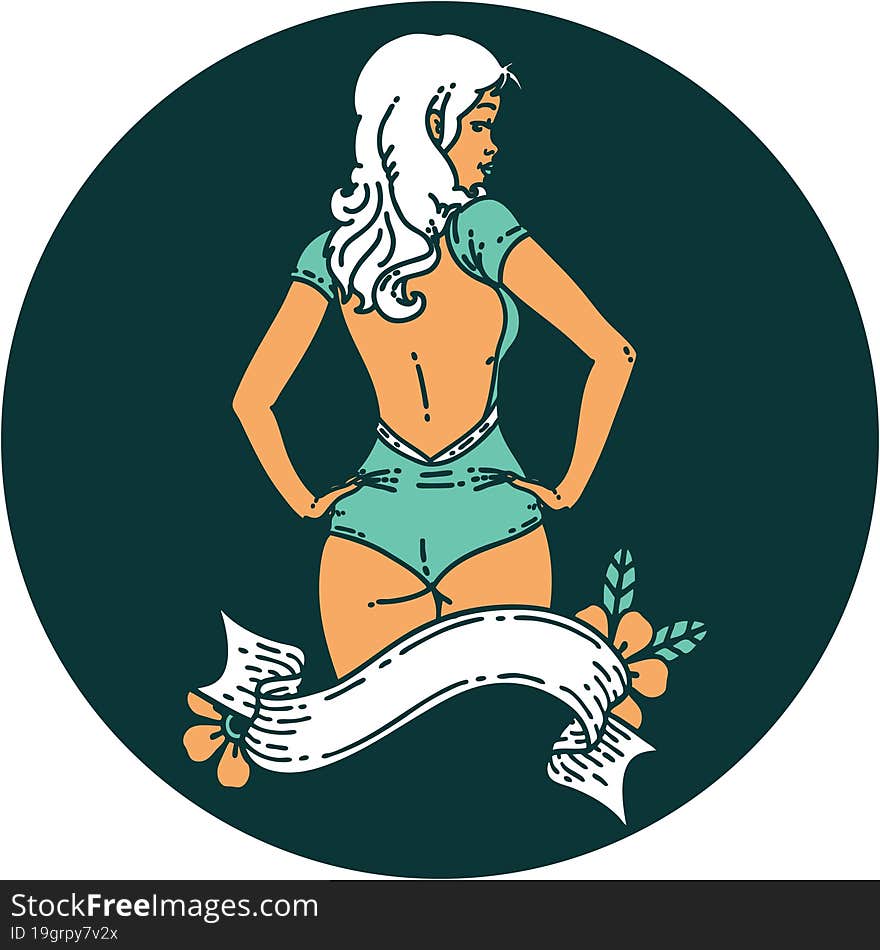 tattoo in traditional style of a pinup swimsuit girl with banner. tattoo in traditional style of a pinup swimsuit girl with banner