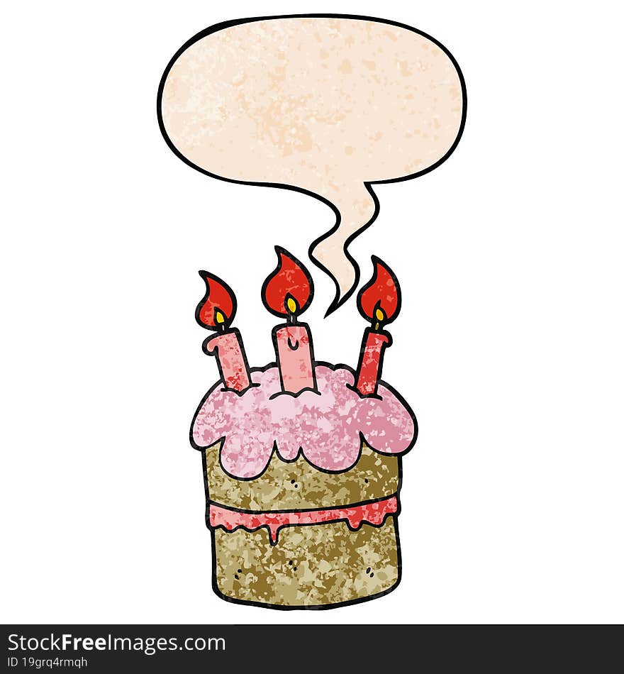 cartoon birthday cake and speech bubble in retro texture style