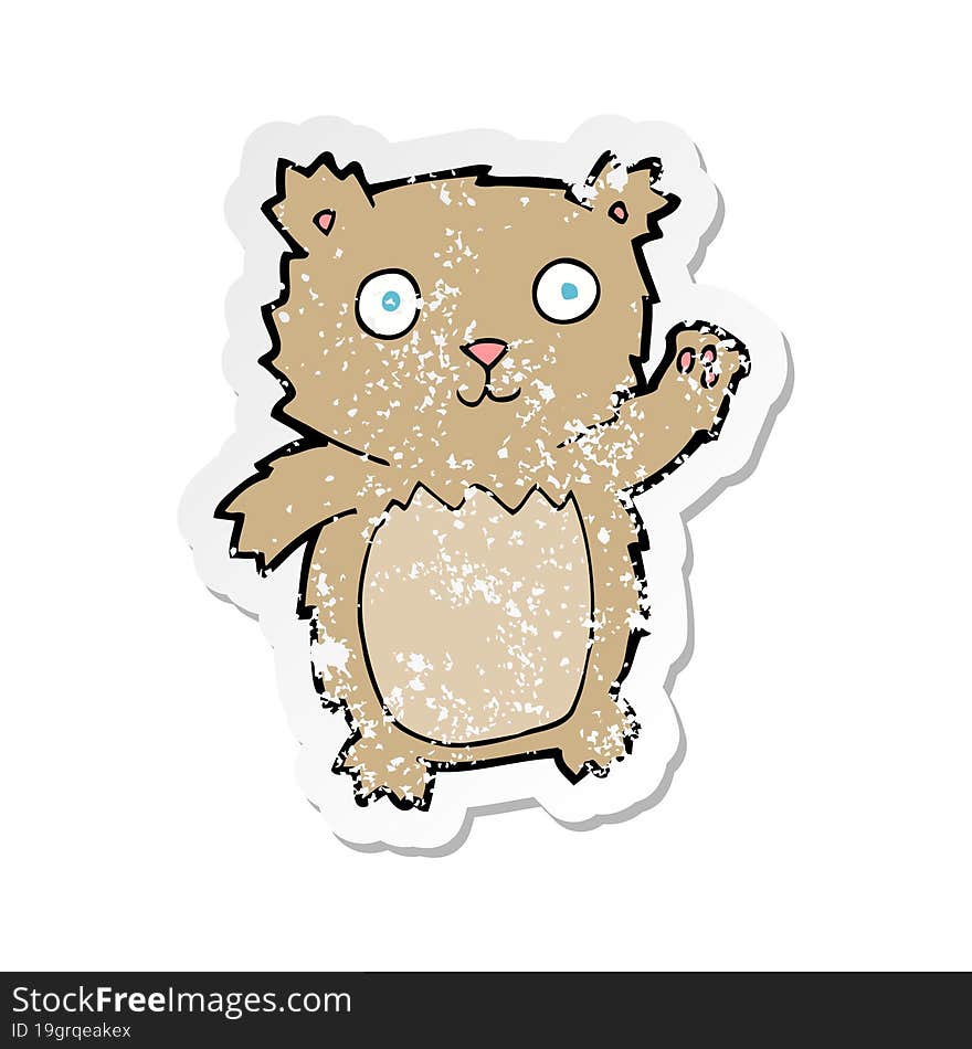 retro distressed sticker of a cartoon waving teddy bear