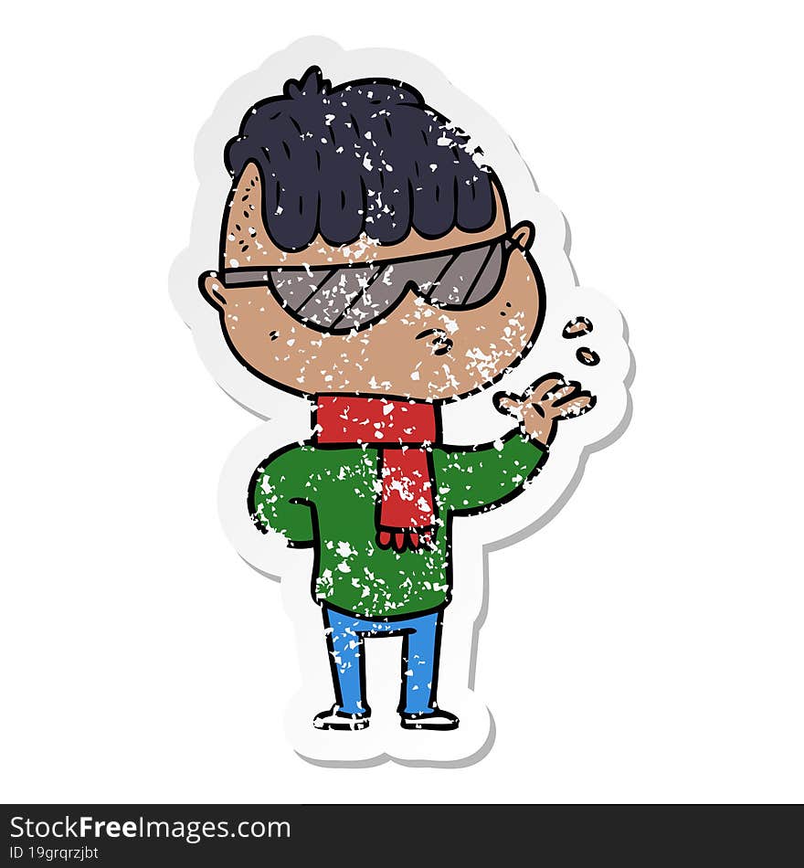 distressed sticker of a cartoon boy wearing sunglasses