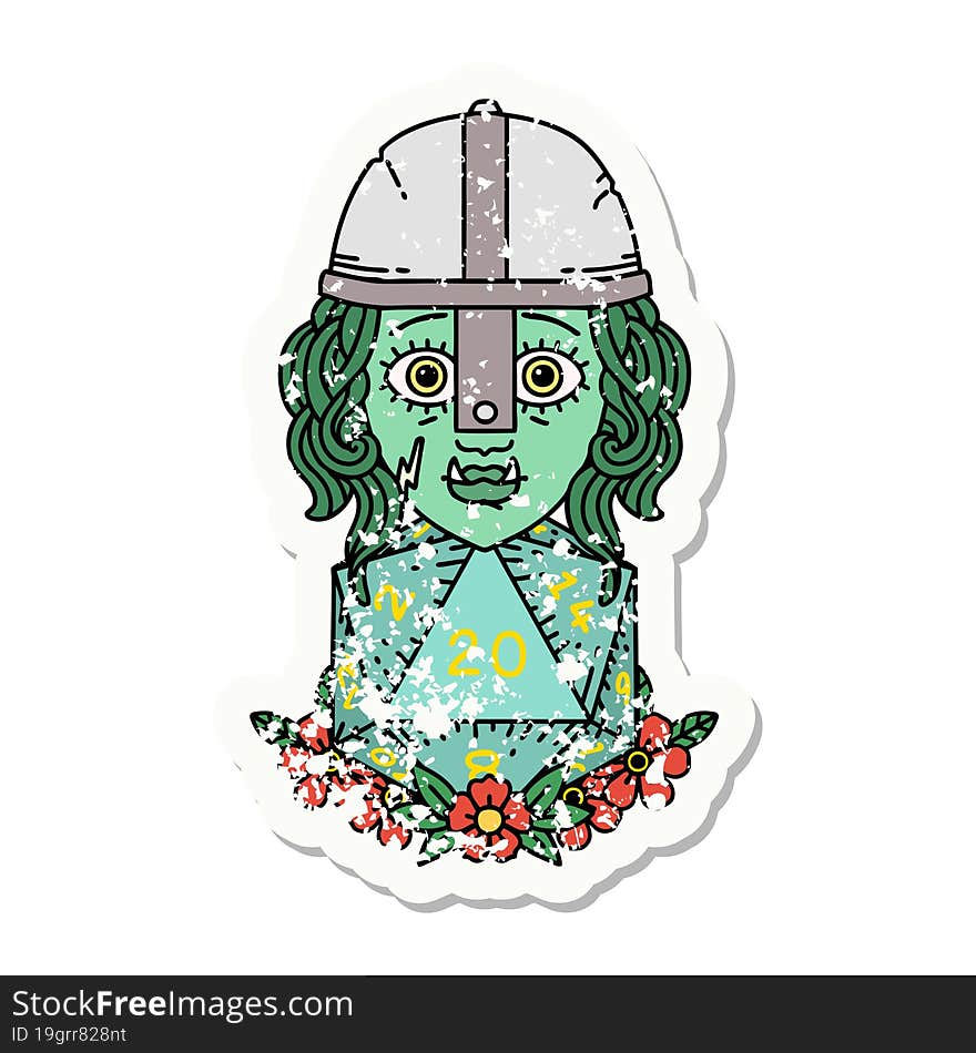 half orc fighter character with natural twenty dice roll grunge sticker