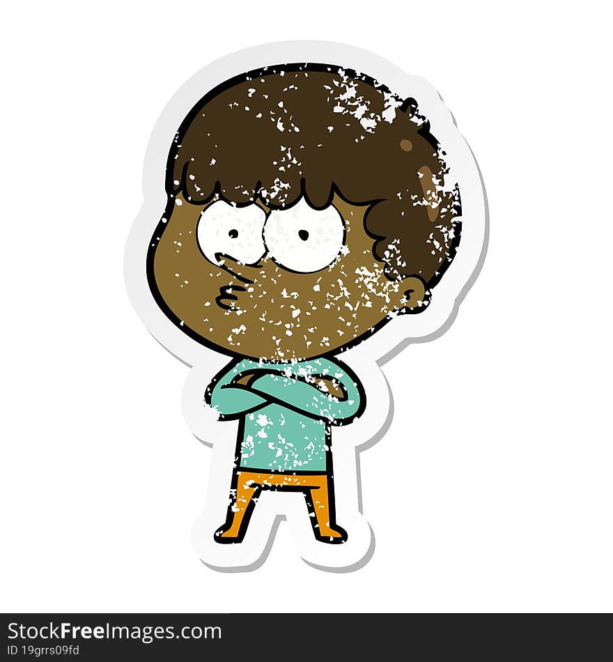 distressed sticker of a cartoon curious boy