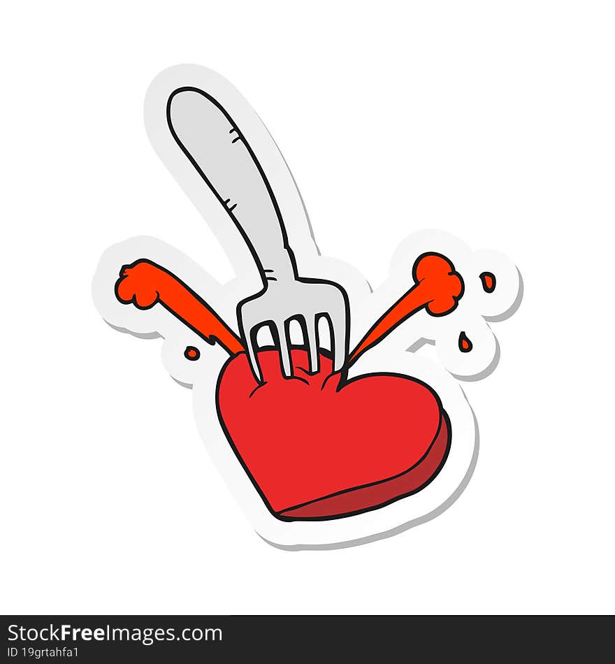 Sticker Of A Cartoon Heart Stabbed By Fork