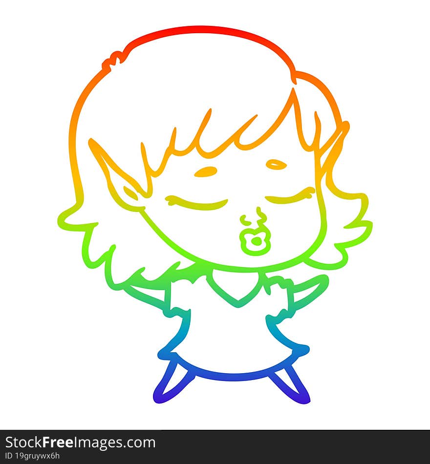 rainbow gradient line drawing of a pretty cartoon elf girl