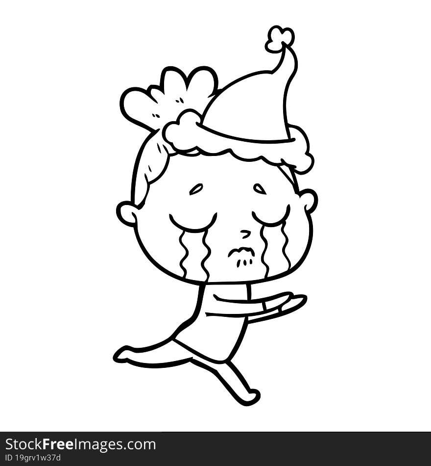 line drawing of a crying woman wearing santa hat