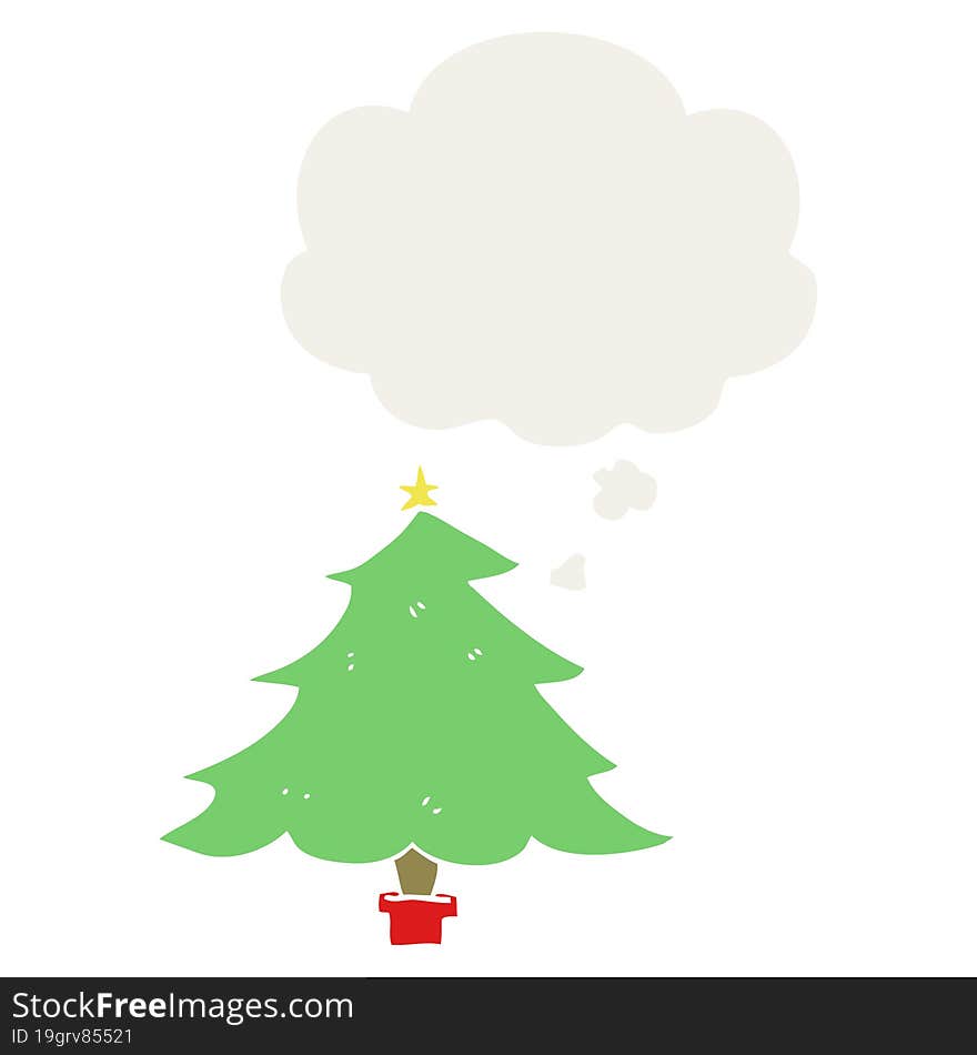 cartoon christmas tree and thought bubble in retro style