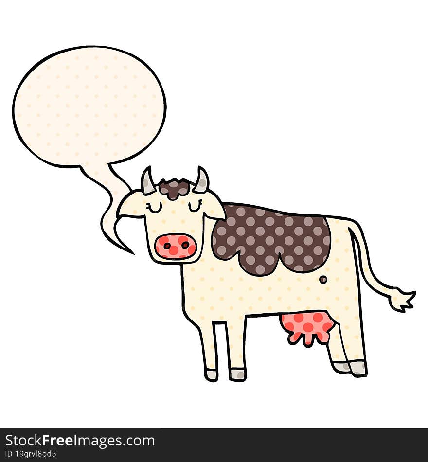 cartoon cow and speech bubble in comic book style