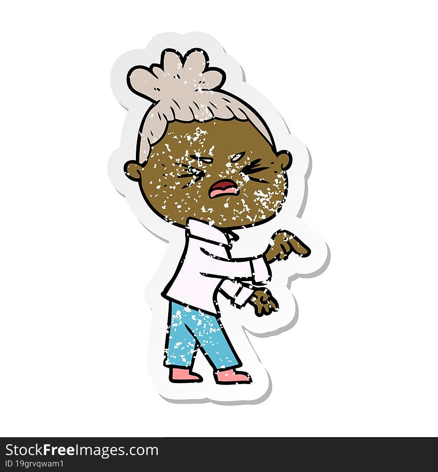 distressed sticker of a cartoon angry woman