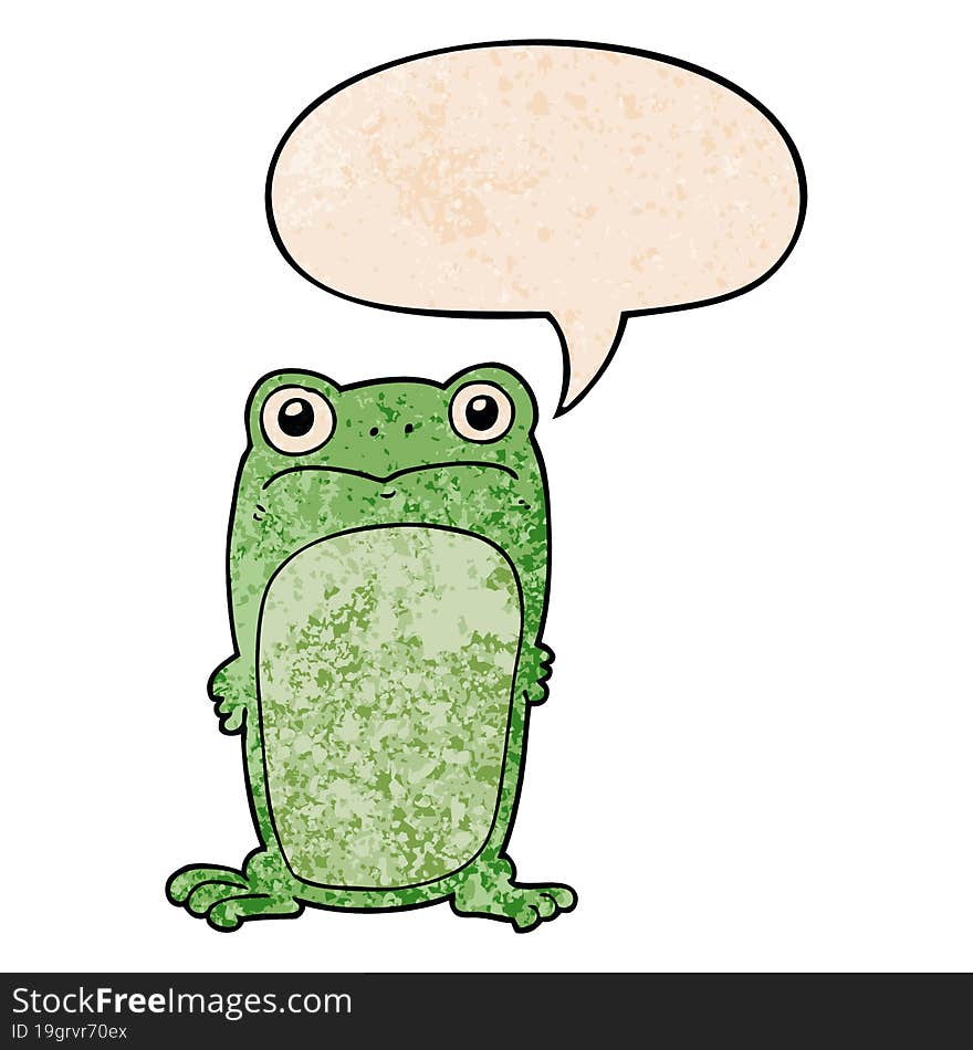 cartoon staring frog with speech bubble in retro texture style