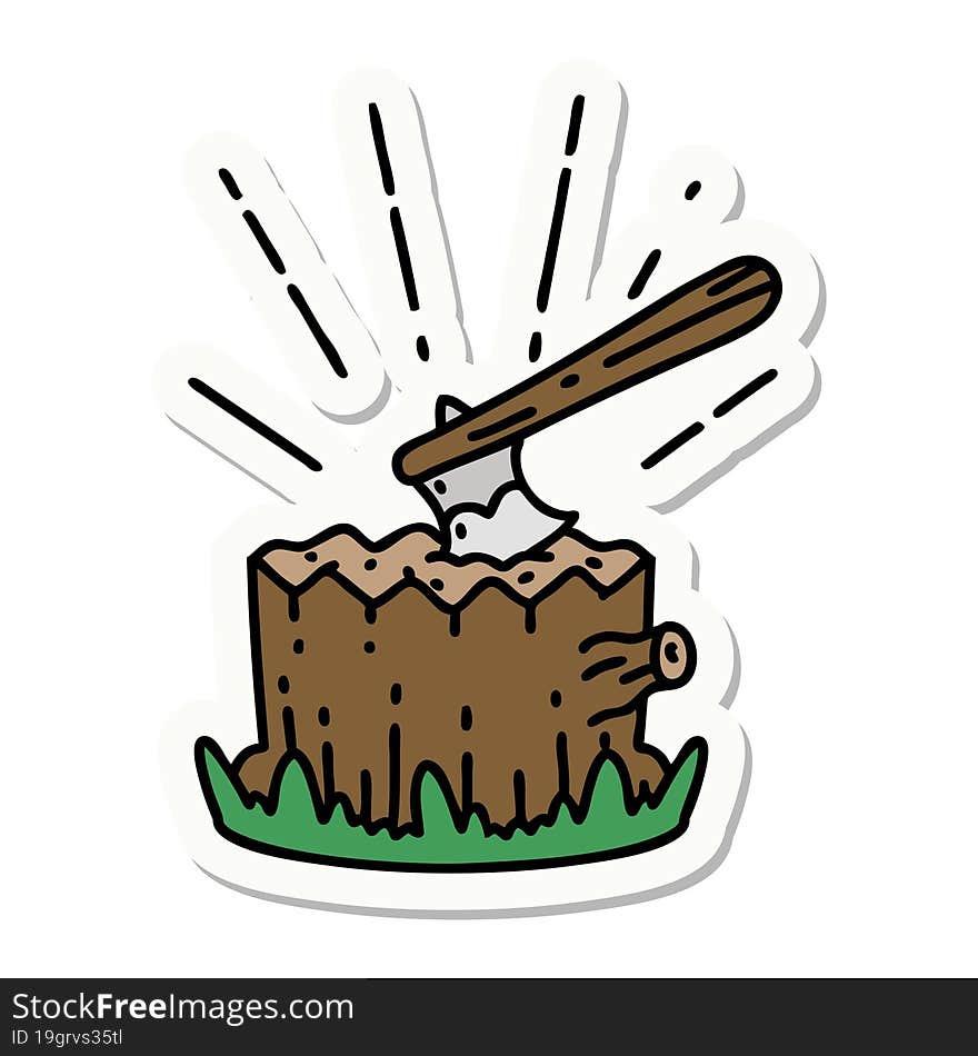 Sticker Of Tattoo Style Axe In Tree Stump