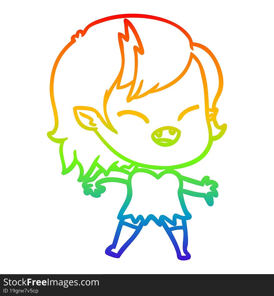 Rainbow Gradient Line Drawing Cartoon Laughing Vampire Girl