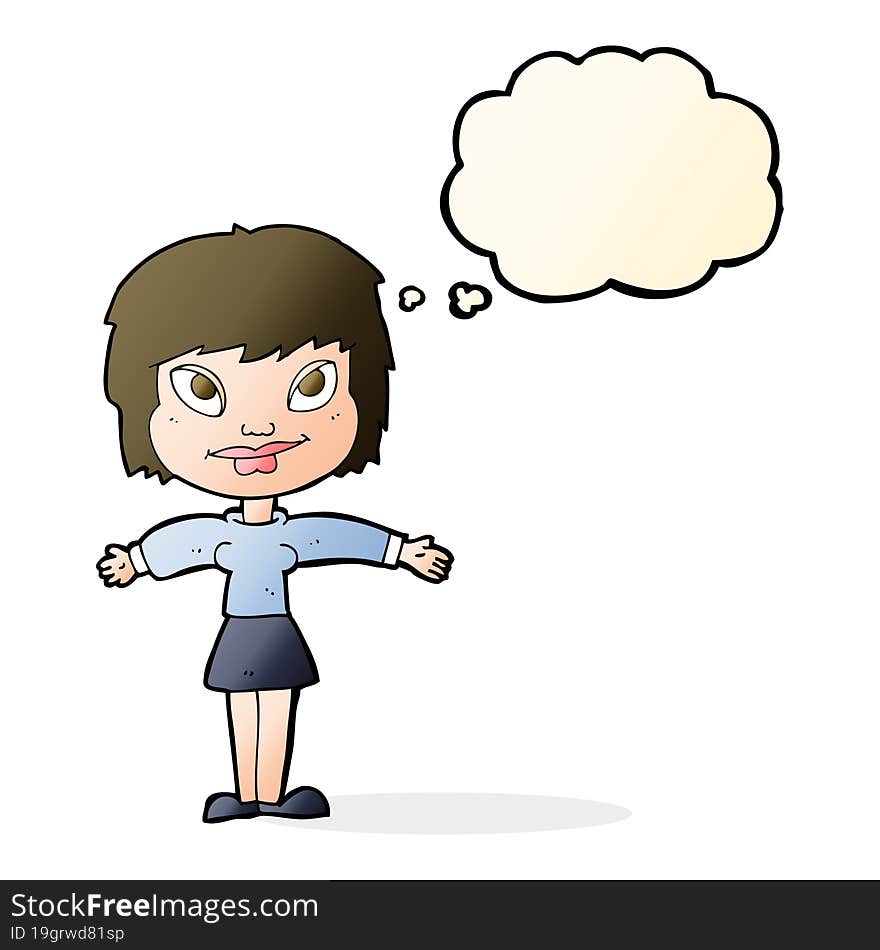 Cartoon Woman With Open Amrs With Thought Bubble