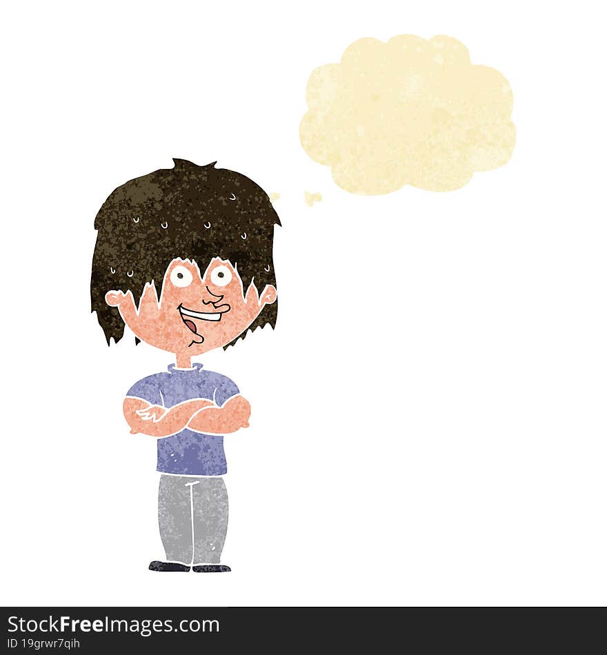 cartoon happy man with thought bubble