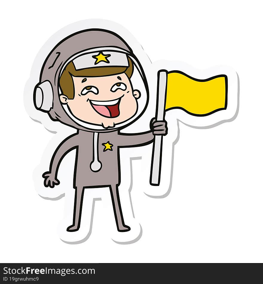 sticker of a cartoon laughing astronaut waving flag