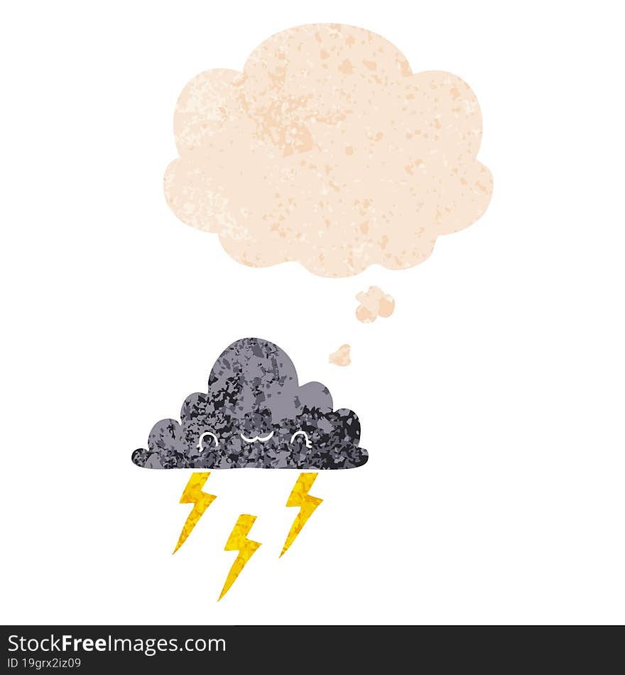 cartoon storm cloud and thought bubble in retro textured style