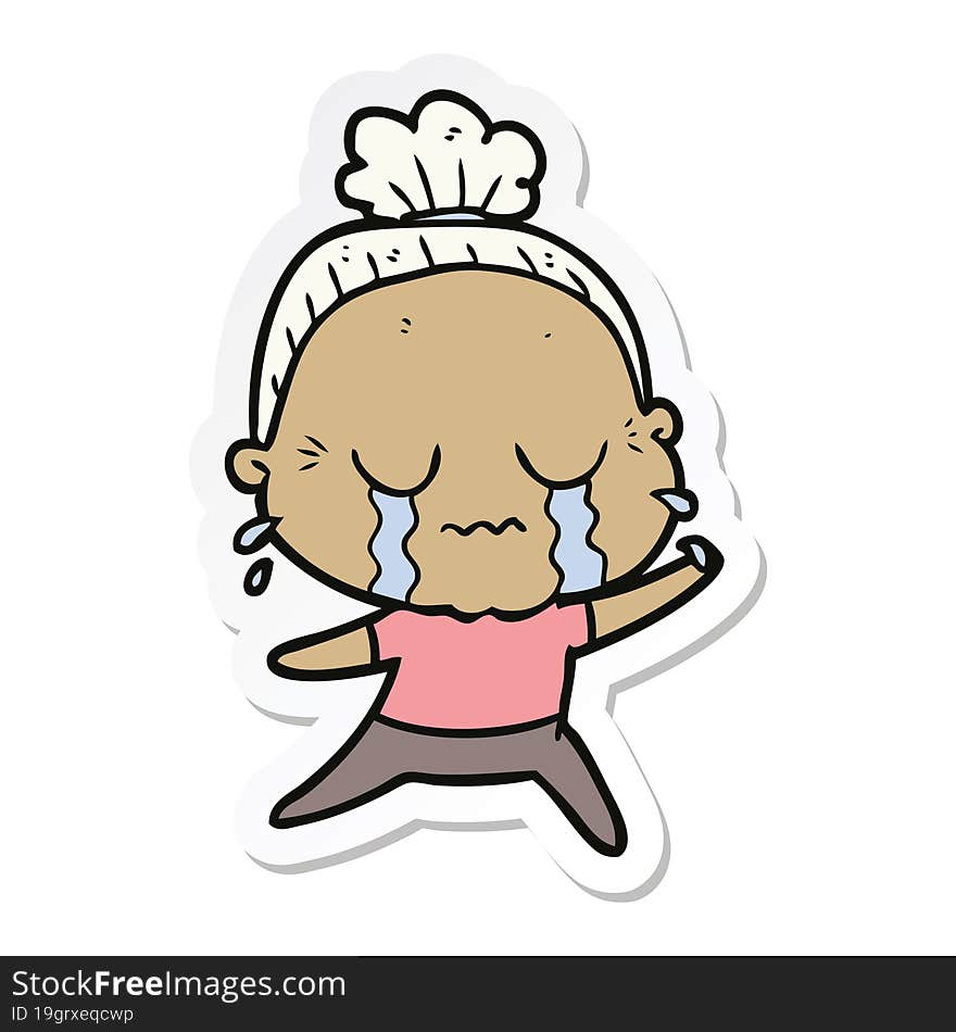 sticker of a cartoon crying old lady