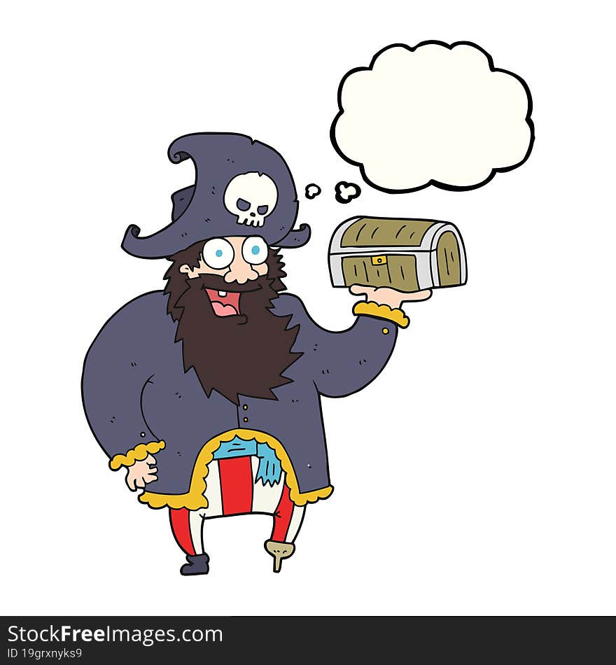 thought bubble cartoon pirate captain with treasure chest