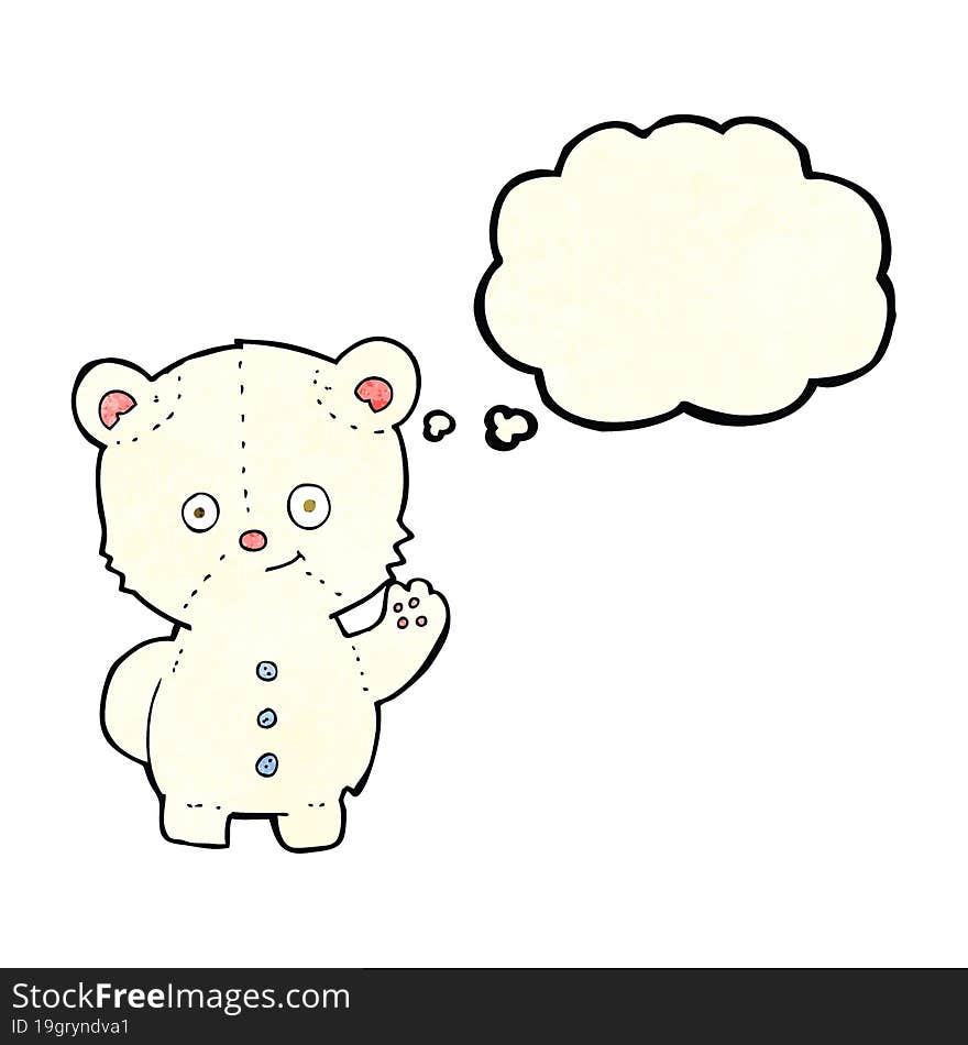 cartoon waving polar bear cub with thought bubble