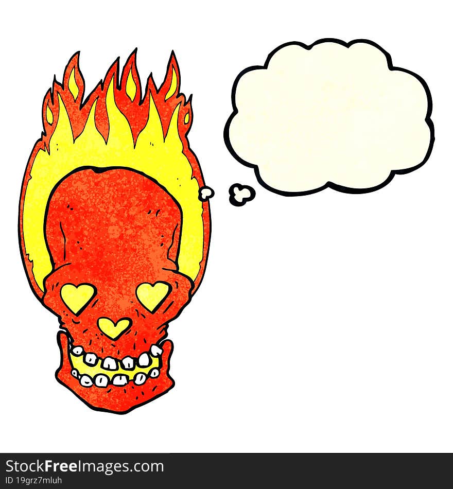 cartoon flaming skull with love heart eyes with thought bubble