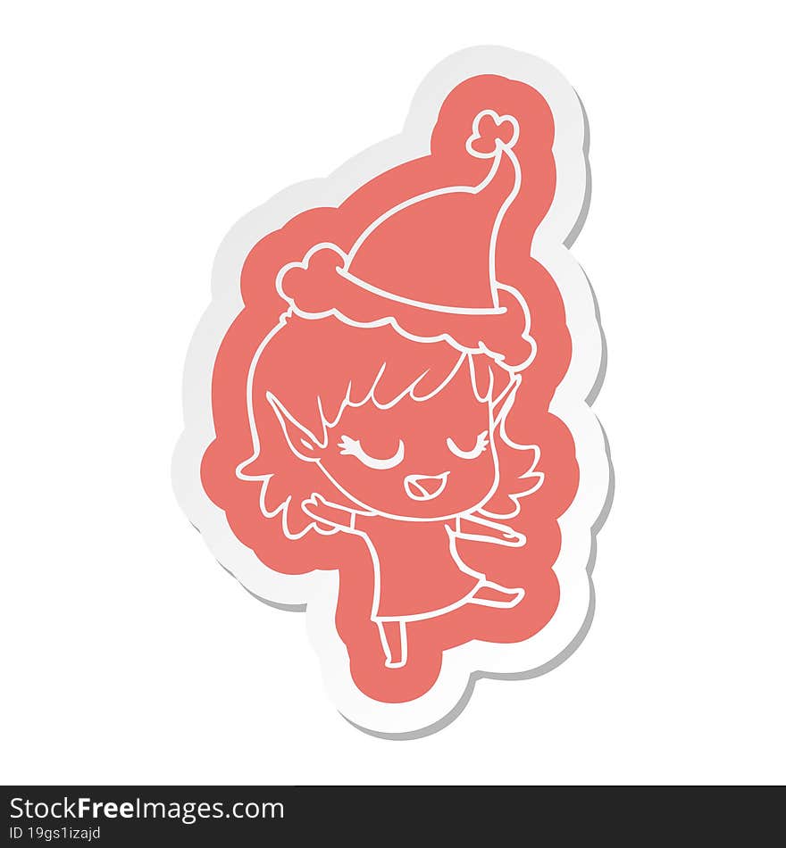 happy cartoon  sticker of a elf girl wearing santa hat