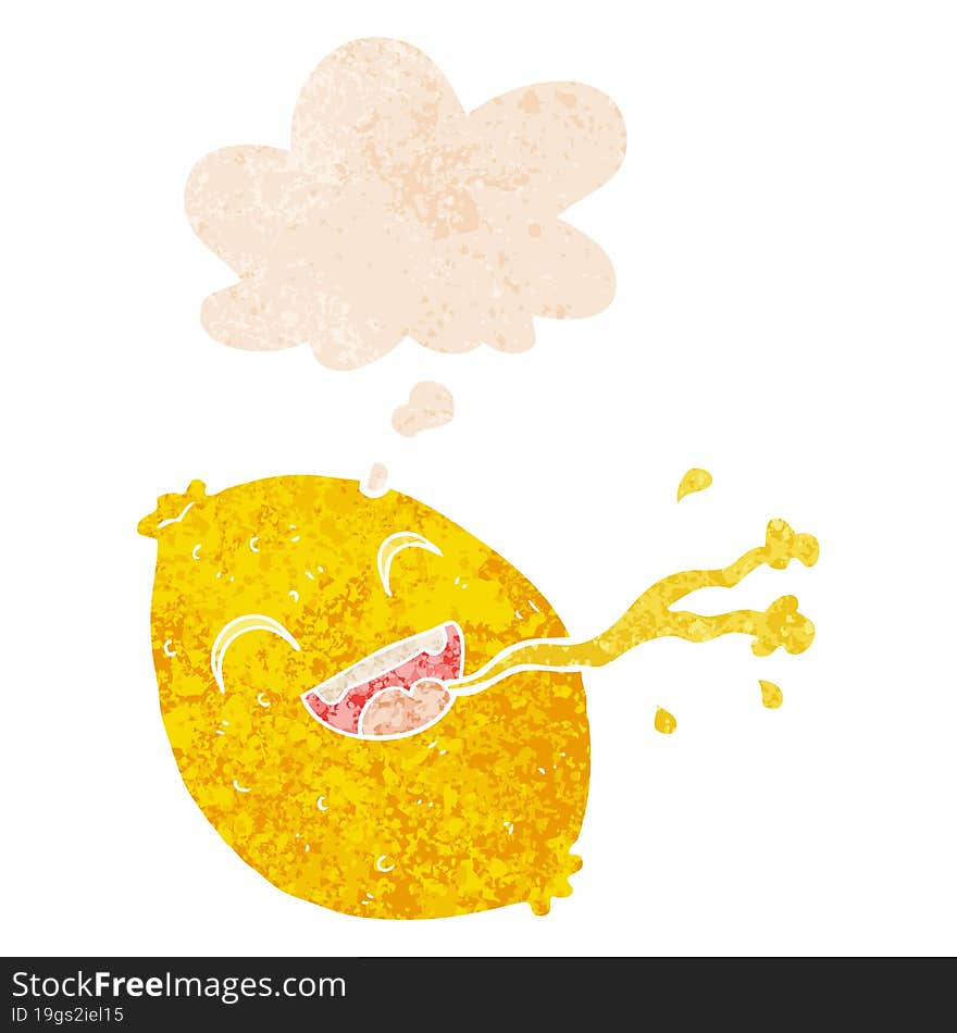 Cartoon Squirting Lemon And Thought Bubble In Retro Textured Style