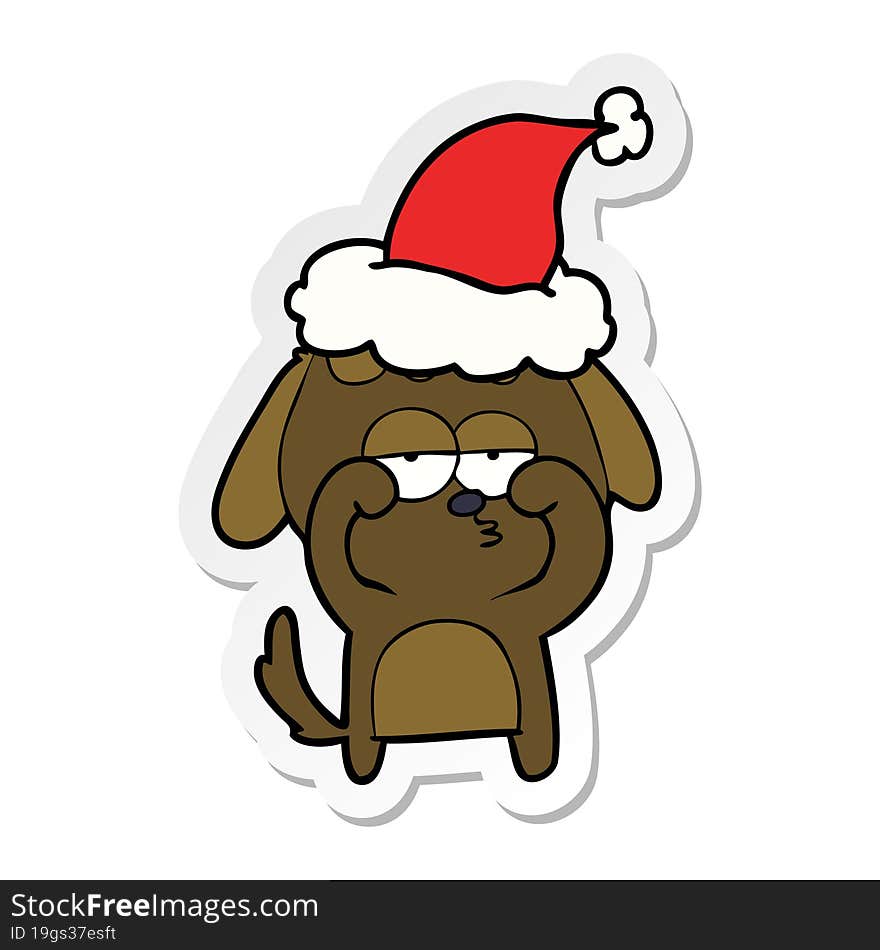 sticker cartoon of a tired dog wearing santa hat