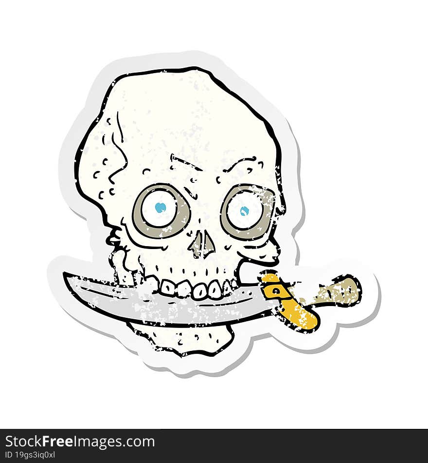 retro distressed sticker of a cartoon pirate skull with knife in teeth