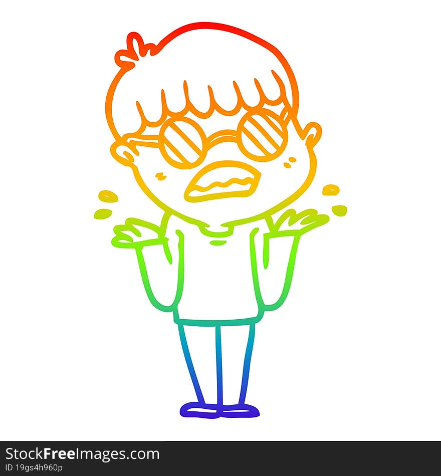 rainbow gradient line drawing cartoon confused boy wearing spectacles