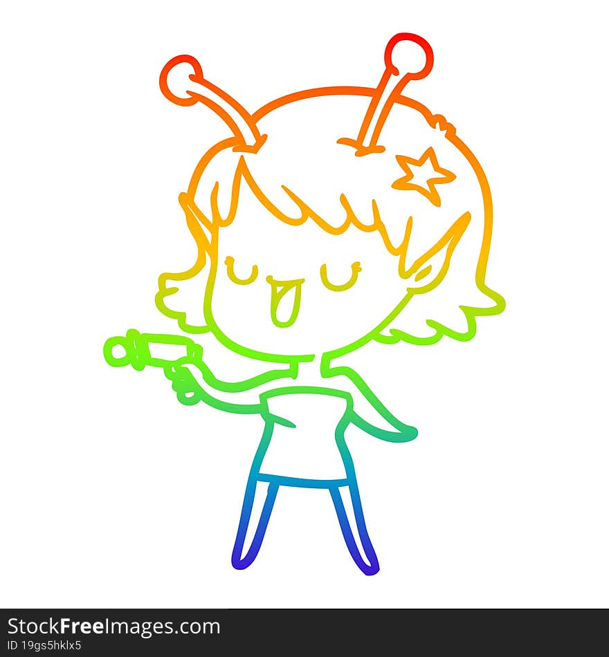 rainbow gradient line drawing happy alien girl cartoon