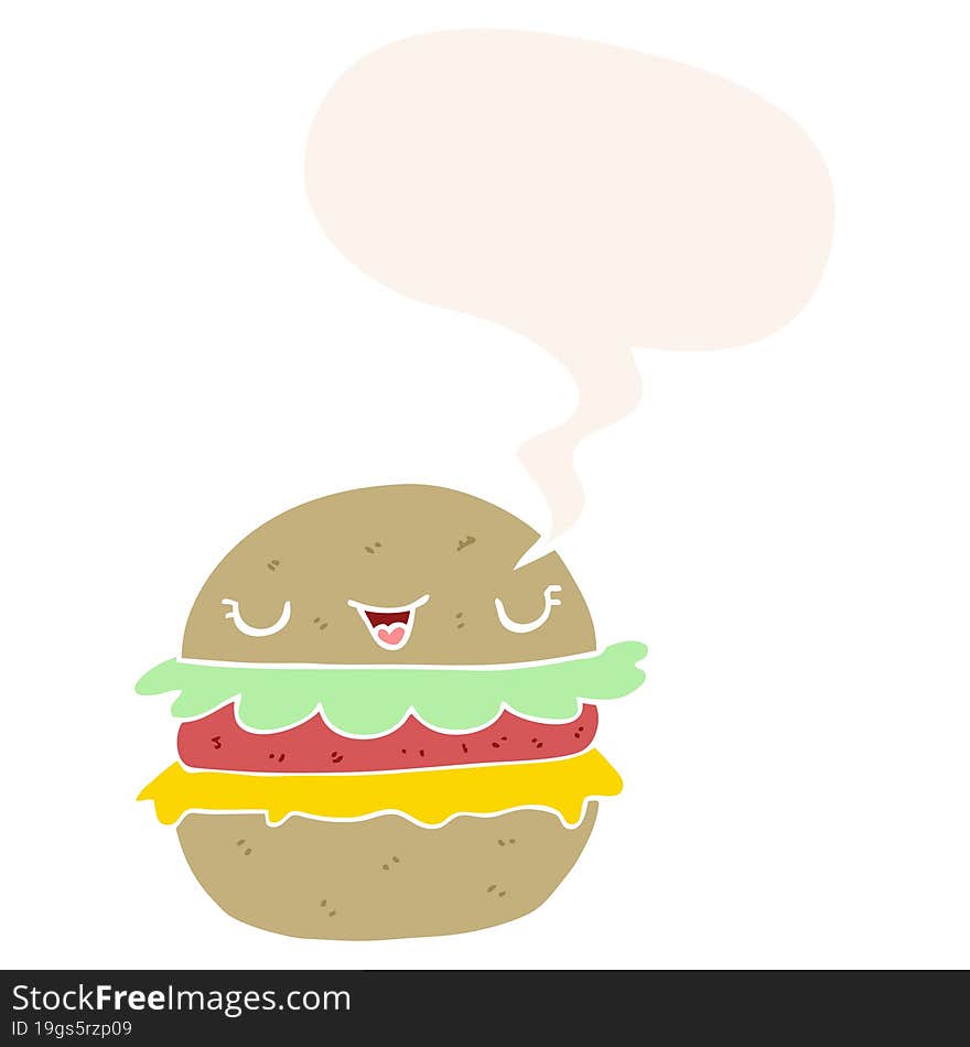 cartoon burger and speech bubble in retro style