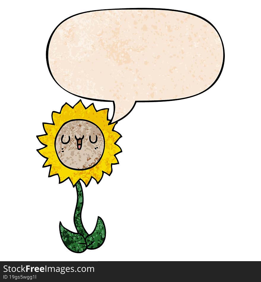 cartoon flower and speech bubble in retro texture style