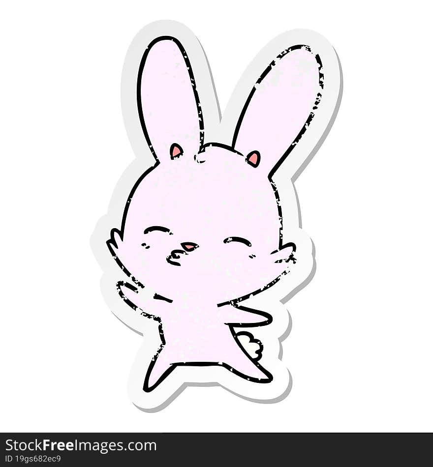 Distressed Sticker Of A Curious Waving Bunny Cartoon