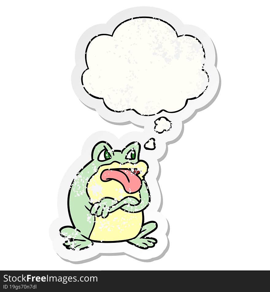 Grumpy Cartoon Frog And Thought Bubble As A Distressed Worn Sticker