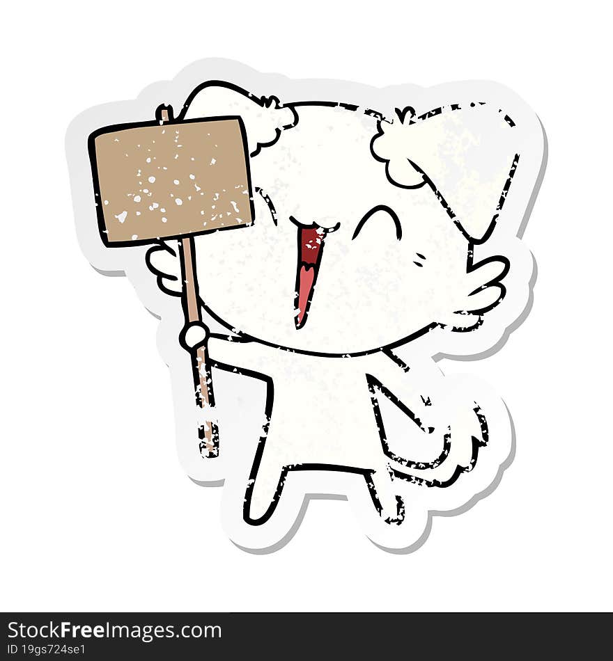 distressed sticker of a happy little cartoon dog holding sign