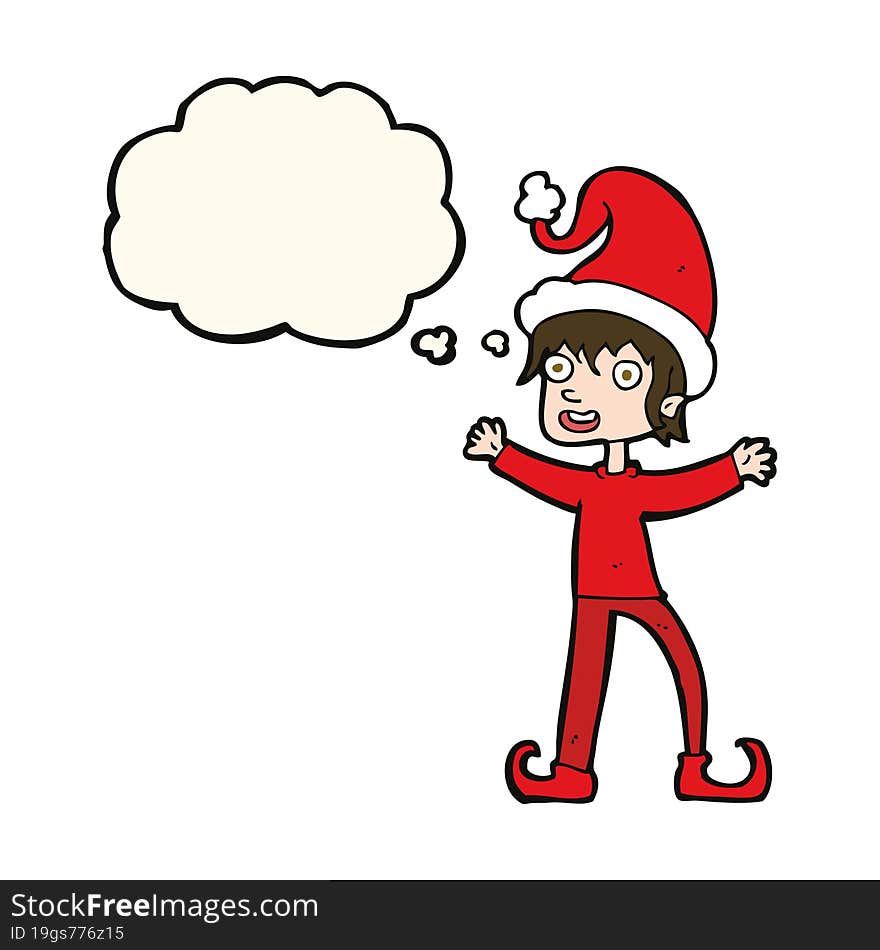 cartoon excited christmas elf with thought bubble