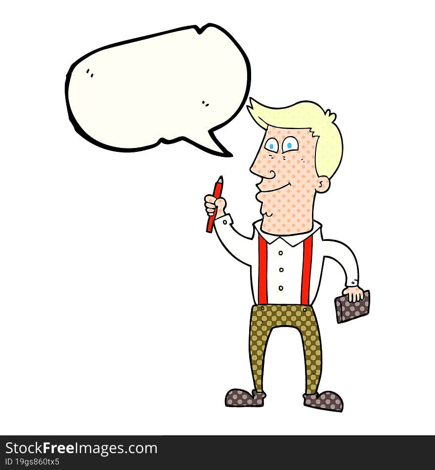 Comic Book Speech Bubble Cartoon Man With Notebook And Pen