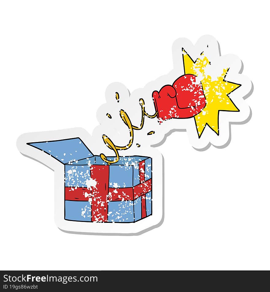 Distressed Sticker Of A Trick Present With Boxing Glove